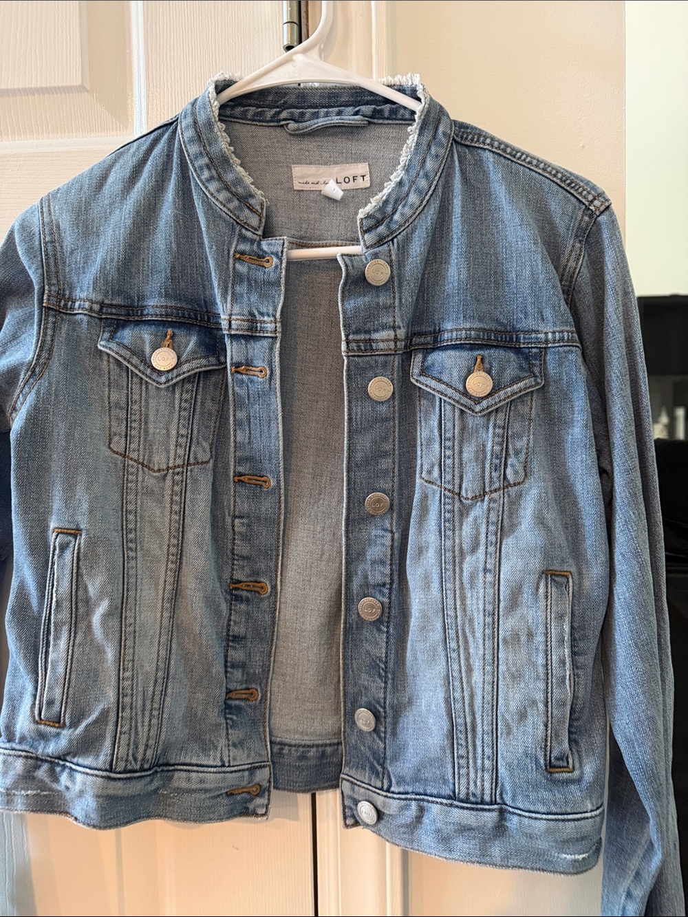 LOFT Light Wash Blue Denim Jacket with Collarless Neck
